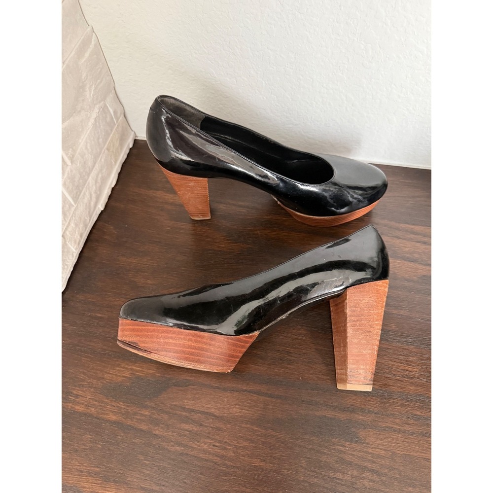 Robert Clergerie Paris Black Patent Leather Wood Platform Block Heel Pumps 8.5
